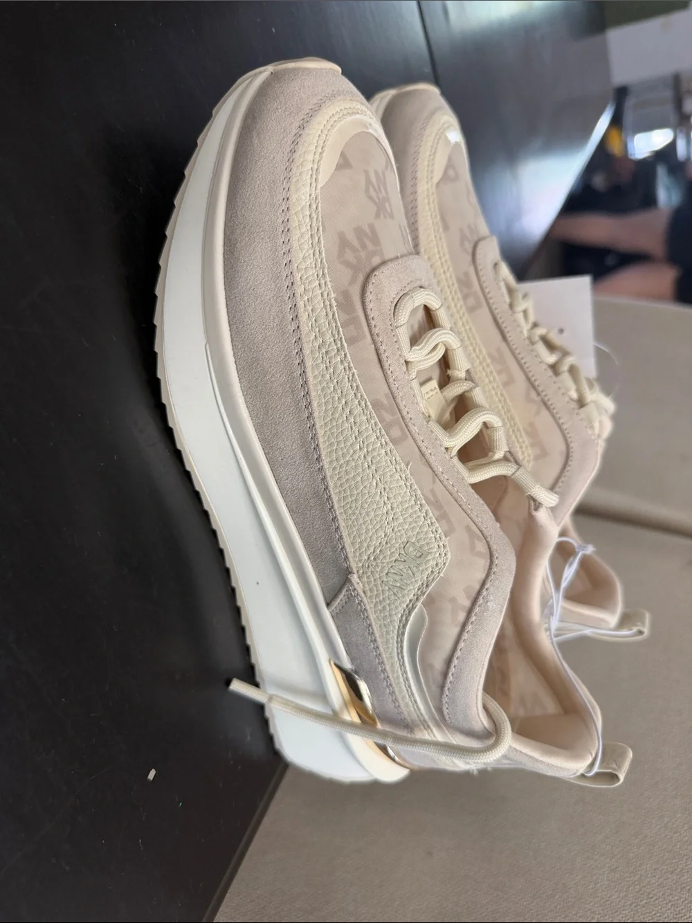 DKNY Beige and Cream Mixed-Material Platform Sneakers